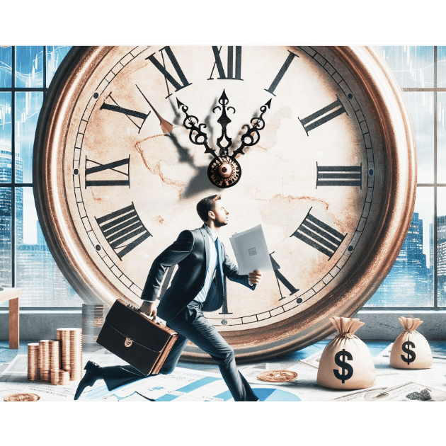 2023 Q4 Market Update image of man with briefcase racing in front of a clock