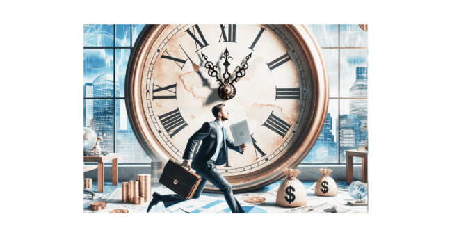 2023 Q4 Market Update image of man with briefcase racing in front of a clock