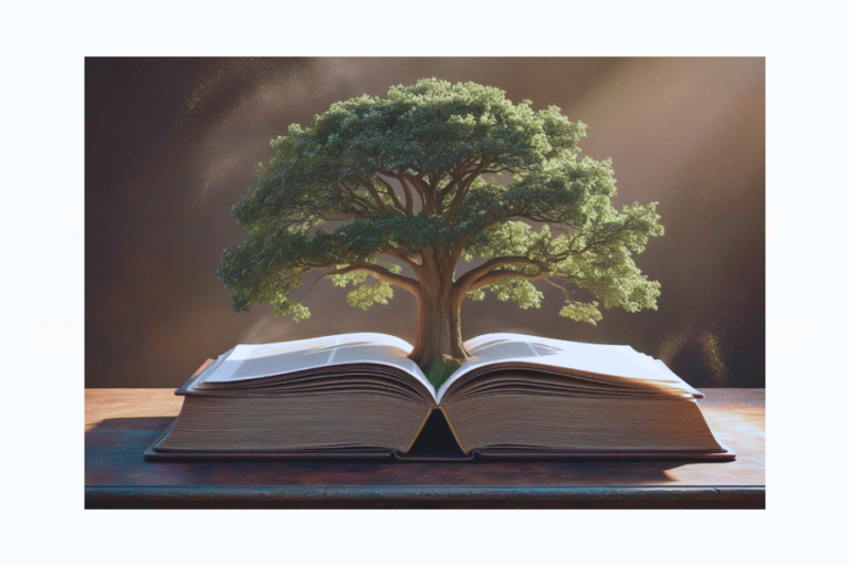 Image of a large book opened and a tree growing out of the book