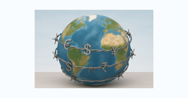 Q1 2025 Art of the Tariff A stylized painting or digital illustration of a globe partially wrapped in barbed wire made of currency symbols (€, $, ¥, ₹)