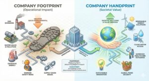 Diagram showing the difference between a company's handprint – positive impact – and footprint.