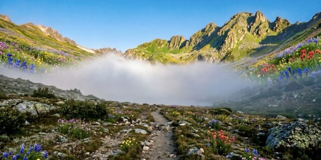 Mountain Trail Being Safe Blog Post Featured Image A trail through a mountain pass with fog ahead and clear sky behind — the cost of sitting in cash and finding the path forward, Riverwater Partners