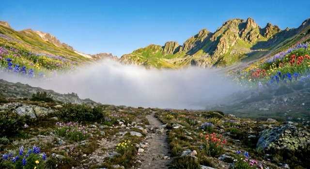 Mountain Trail Being Safe Blog Post Featured Image A trail through a mountain pass with fog ahead and clear sky behind — the cost of sitting in cash and finding the path forward, Riverwater Partners