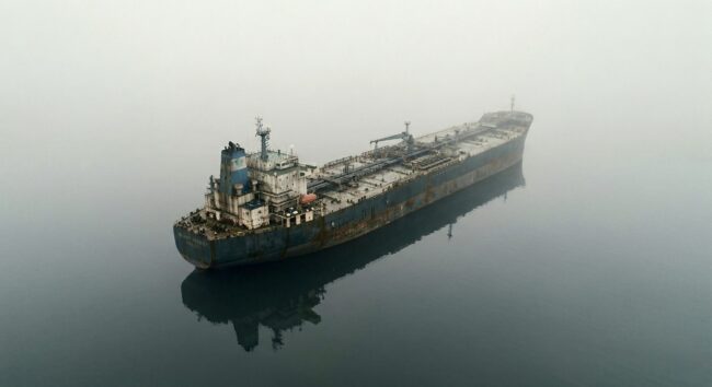 Aerial view of a massive cargo tanker drifting through dense fog on a still, glassy sea — illustrating the geopolitical supply chain uncertainty described in Riverwater Partners' Q1 2026 quarterly letter.