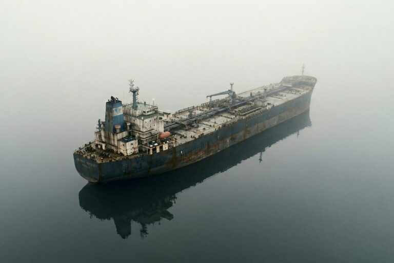 Aerial view of a massive cargo tanker drifting through dense fog on a still, glassy sea — illustrating the geopolitical supply chain uncertainty described in Riverwater Partners' Q1 2026 quarterly letter.