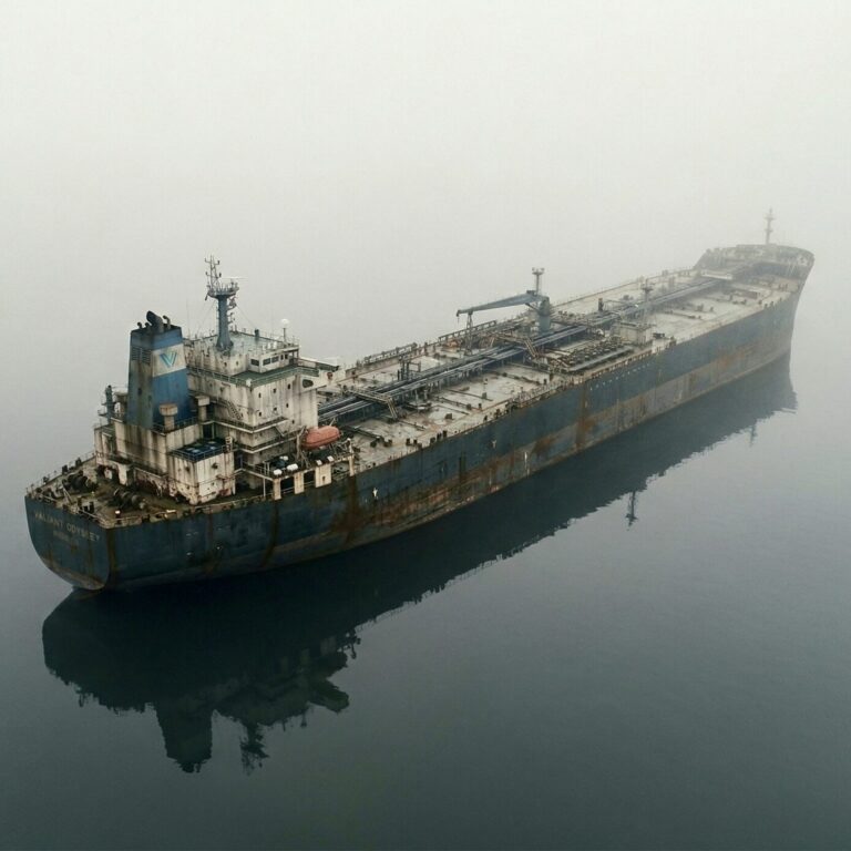 Q1 2026 Fog of War Aerial view of a massive cargo tanker drifting through dense fog on a still, glassy sea — illustrating the geopolitical supply chain uncertainty described in Riverwater Partners' Q1 2026 quarterly letter.