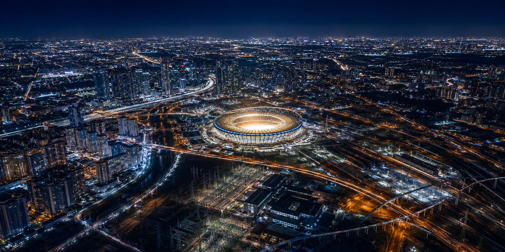 Aerial night view of a brightly lit stadium at the center of a sprawling, illuminated city grid