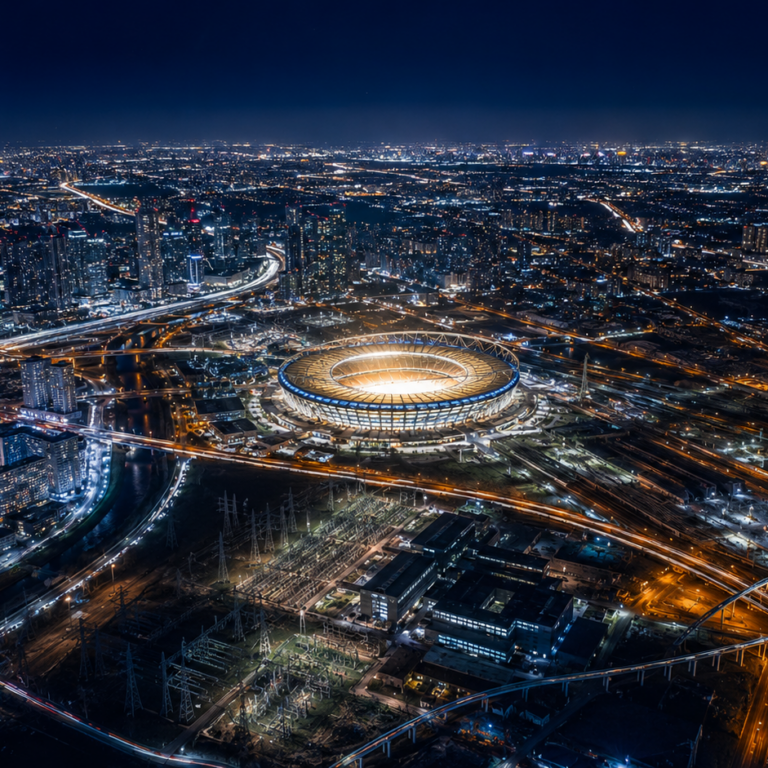 Q2 2026 Wealth Management Update Aerial night view of a brightly lit stadium at the center of a sprawling, illuminated city grid