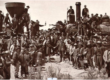 Union Pacific and Central Pacific locomotives meet at Promontory Summit, Utah, on May 10, 1869, as workers and officials celebrate completion of the first transcontinental railroad.