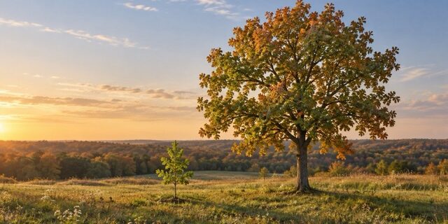 Oak generations in an autumn meadow Medium Riverwater Partners | Responsible Investing | Milwaukee | Small Cap Equity Strategies